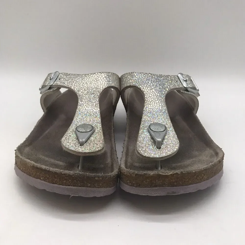 Birkenstock Gizeh Sparkly Silver Birko-Flor T-Strap Thong 34 Girls 3-3.5 Sandals